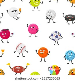 Cartoon sport balls characters. Sporty style seamless pattern, football baseball basketball tennis hockey accessories. Training mascots vector background