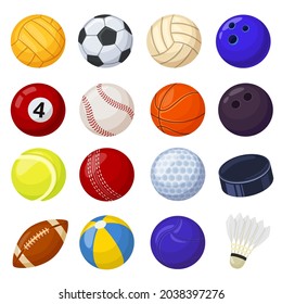 Cartoon sport balls, different sports games equipment. Soccer volleyball golf football baseball billiard cricket, rugby hockey vector set. Tools for hobby and entertainment isolated