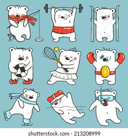 Cartoon Sport Bears in Action Collection. Nine athletic simple bears set. Vector illustration.