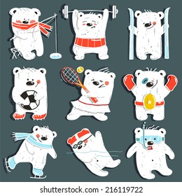 Cartoon Sport Bears in Action Collection. Nine athletic simple bears set. Vector illustration.
