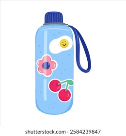 Cartoon sport bottle for girl with funny stickers. Cute reusable water bottle for school, sport, rest. Flower, cherry, fried egg stickers on glass. Hand drawn vector illustration on white background.