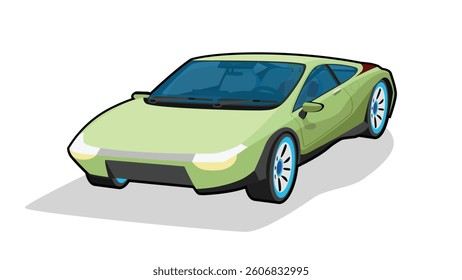 Cartoon sport car green color. Can see inside with interior and driving man. Divide the layers of shadow line. on isolated white background.