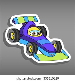 Cartoon sport  car sticker for boys. Vector illustration for scrapbook. Transportation Doodle Background. Funny racing rally smile car icon. Comic character for kids on grey background