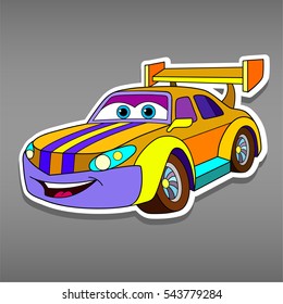 Cartoon sport car sticker for boys. Vector illustration for scrapbook.Transportation Doodle Background. Funny smile auto icon. Comic character for kids on grey background