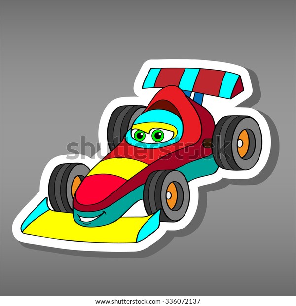 Cartoon\
sport car sticker for boys. Vector illustration for scrapbook.\
Transportation Doodle Background. Funny racing rally smile car\
icon. Comic character for kids on grey\
background