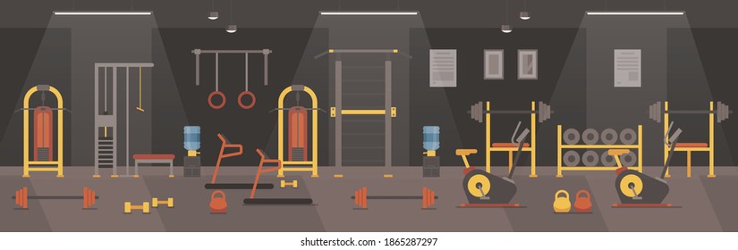 Cartoon sport club or fitness center gym room with treadmill machine, bike equipment, metal dumbbell and barbell bench for weight sport workout. Gym interior vector illustration