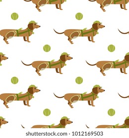 cartoon sport dachshund dogs with tennis ball and racket vector seamless background pattern