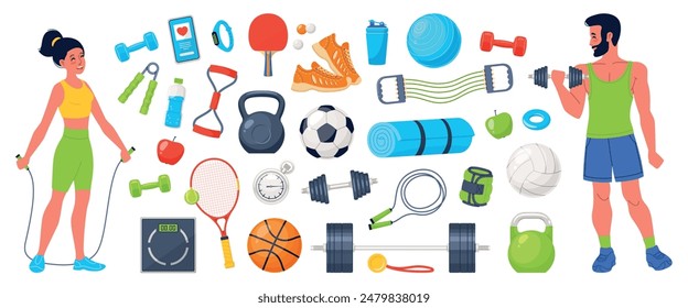 Cartoon sport elements. Guy and girl are athletes with jump rope and dumbbell, gym stuff, exercising and workout equipment, different balls, tennis racket, sneakers and yoga mat, vector set