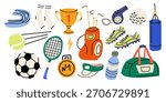 Cartoon sport elements set in retro doodle style. Training, activity shapes. Sports equipment, soccer ball, tennis racket, punching bag, golf clubs. Flat vector illustration isolated