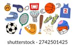 Cartoon sport elements set in retro doodle style. Training, activity shapes. Sports equipment, soccer ball, tennis racket, rugby helmet, basketball equipment. Flat vector illustration isolated