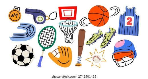 Cartoon sport elements set in retro doodle style. Training, activity shapes. Sports equipment, soccer ball, tennis racket, rugby helmet, basketball equipment. Flat vector illustration isolated