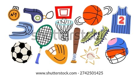 Cartoon sport elements set in retro doodle style. Training, activity shapes. Sports equipment, soccer ball, tennis racket, rugby helmet, basketball equipment. Flat vector illustration isolated
