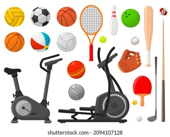 Cartoon sport equipment. Ball collection, flat balls and racket, golf accessories. Gym elements, sporting and outdoor activity recent vector objects