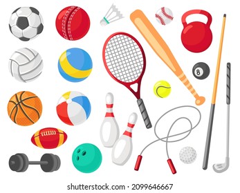 Cartoon sport equipment. Different balls, flat playing tools. Isolated gym elements, competition and training icons. Soccer ball, racket, baseball neat vector set