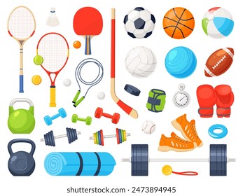 Cartoon sport equipment. Fitness, athlete gym accessories, games balls, football basketball or volleyball. Dumbbells, kettlebells, tennis rackets, running shoes and boxing gloves vector set