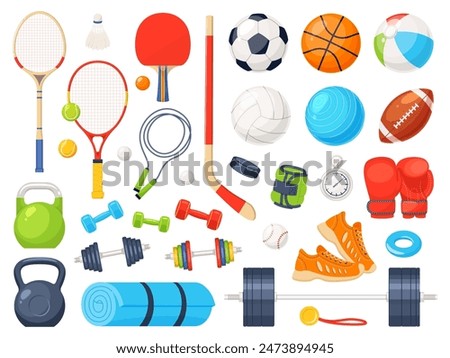 Cartoon sport equipment. Fitness, athlete gym accessories, games balls, football basketball or volleyball. Dumbbells, kettlebells, tennis rackets, running shoes and boxing gloves vector set