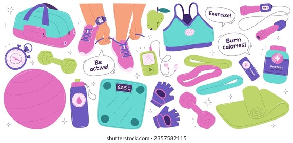 Cartoon sport equipment, fitness workout equipment, training exercise supple for female set. Vector illustration of athlete gym accessories, athletic inventory, sportswear and food supplement