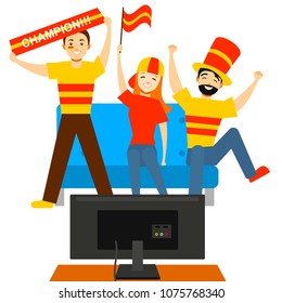Cartoon Sport Fans People in front of Tv Concept Element Flat Design Style. Vector illustration of Friend Watching Match