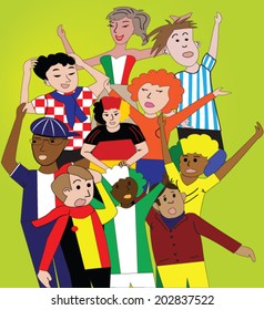 Cartoon sport fans and supporters cheering