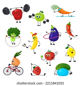 Cartoon sport fruits, funny yoga and strong training. Fit fruit, pepper, strawberry carrot and apple. Healthy food garish characters, vegetable vector set