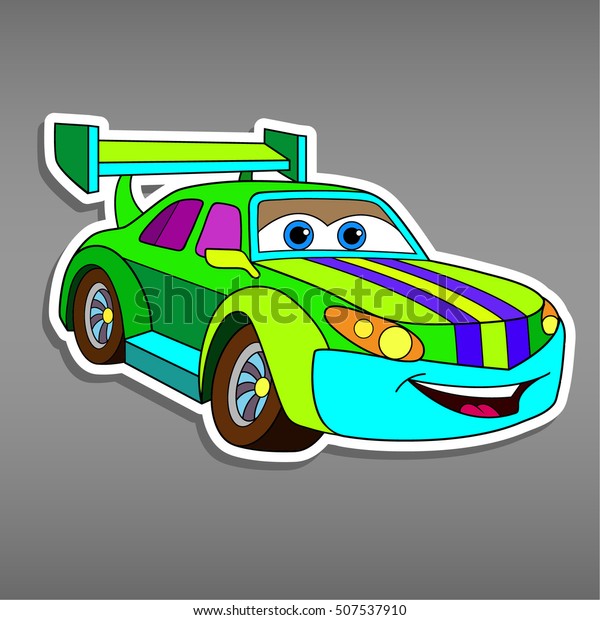 Cartoon sport\
green car sticker for boys. Vector illustration for\
scrapbook.Transportation Doodle Background. Funny smile auto icon.\
Comic character for kids on grey\
background