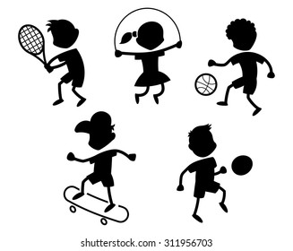 Cartoon Sport Icons - Playing Kids Silhouettes - Black