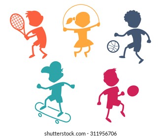 Cartoon sport icons - playing kids silhouettes - color