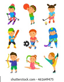 Cartoon sport kids. Vector illustration for children game design. Boy, girl isolated on white background. Set of cute bright school child clip art. Football soccer gymnastics hockey basketball golf