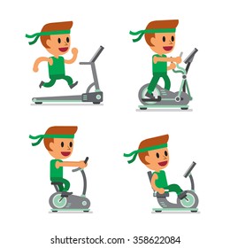 Cartoon sport man with exercise machines