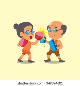 Cartoon sport old woman and old man doing uppercut punch training
