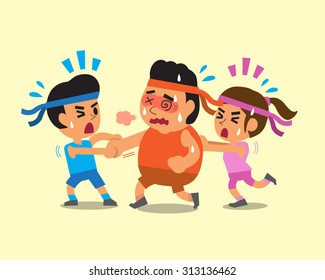 Cartoon sport people helping fat man to run
