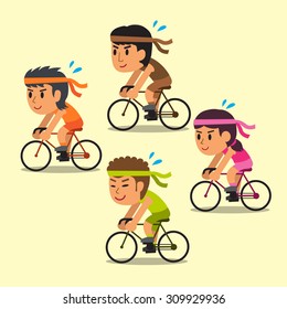 Cartoon sport people ride bikes