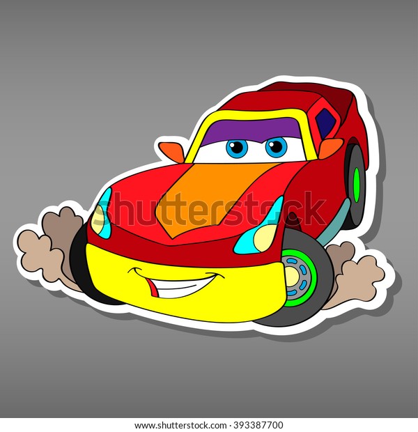 Cartoon sport red car sticker for boys. Vector\
illustration for scrapbook.Transportation Doodle Background. Funny\
smile car icon with dust from the wheels. Comic character for kids\
on grey background