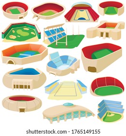 Cartoon sport stadium icons set. Universal sport stadium icons to use for web and mobile UI, set of basic sport stadium elements isolated vector illustration