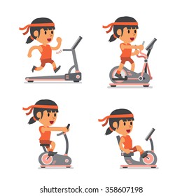 Cartoon sport woman with exercise machines