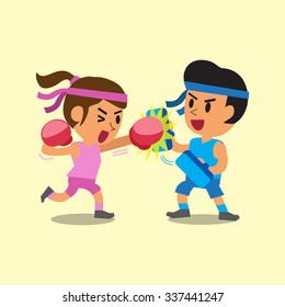 Cartoon sport woman and man doing boxing training