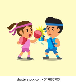 Cartoon sport woman and man doing uppercut punch training