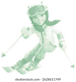 A cartoon sport woman skiing in action in halftone retro modern, dot form
