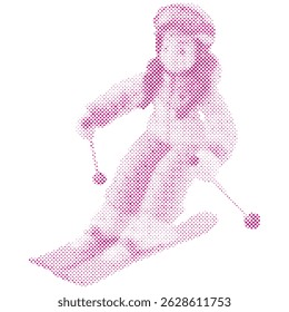 A cartoon sport woman skiing in action in halftone retro modern, dot form