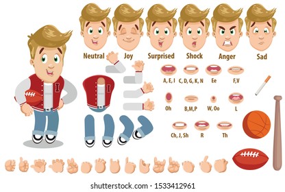 Cartoon sportive blond guy constructor for animation. Parts of body: legs, arms, face emotions, hands gestures, lips sync. Full length, front, three quater view. Set of ready to use poses, objects.