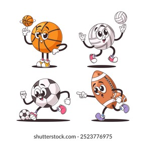 Cartoon-Sportbälle mit Basketball-, Volleyball-, Fußball- und Fußballfiguren mit ausdrucksstarken Gesichtern und Turnschuhen