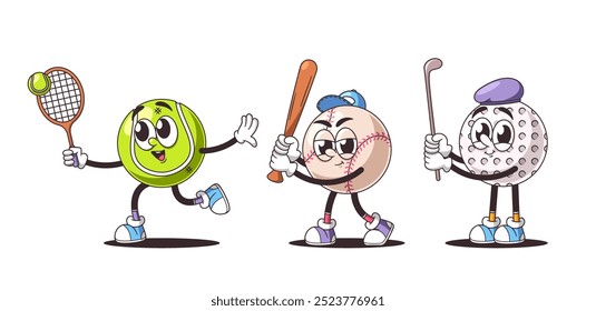 Cartoon Sports Balls With Funny Expressions. Tennis, Baseball, And Golf Ball Characters Display Unique Expressions