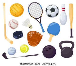 Cartoon sports equipment, different ball games elements. Baseball bat, bowling pin, hockey stick. Sport recreation activity item vector set. Hobby tools for tournament or competition