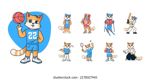Cartoon sports set. Cat play basketball, rugby, golf, badminton, baseball, boxing, swims and skis.