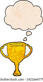 cartoon sports trophy with thought bubble in grunge texture style