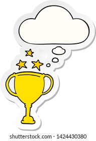 cartoon sports trophy with thought bubble as a printed sticker