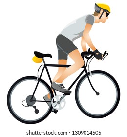 Cartoon sportsman bicyclist in helmet riding bicycle in sportswear