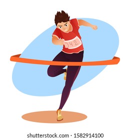 Cartoon sportsman character wearing sportswear running jogger marathon on sprint race track. Male athlete sprinter finishing first. Jogging competition. Championship. Flat vector cutout illustration
