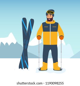 Cartoon sportsman skier against the background of snow-capped mountains. The concept of sport and competition. Flat design style. Vector illustration.