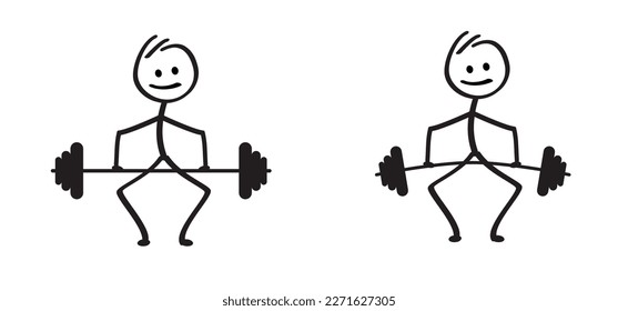 Cartoon sportsman stickman, stick figure man and weightlifting. Weightlift icon or pictogram. Fitness workout. Weightlifter lifts big or heavyweight barbell. Bodybuilding process of squat.